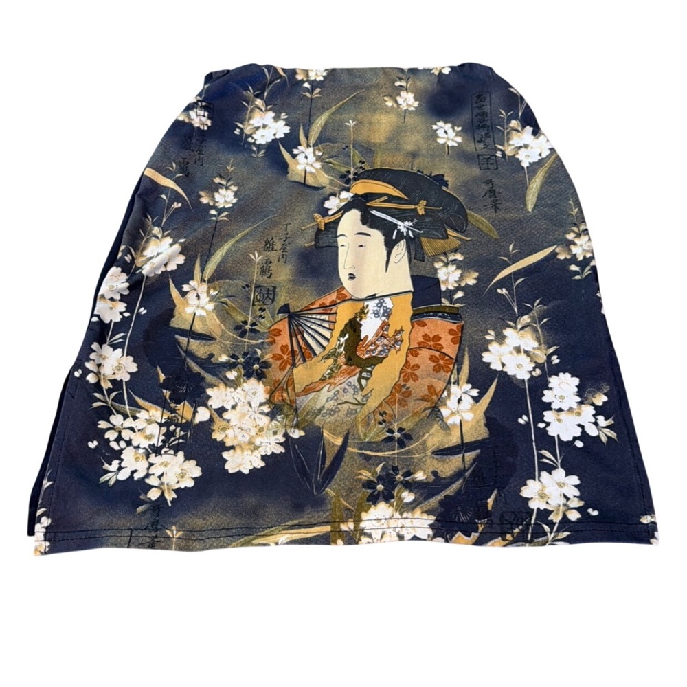 Vintage 90s Japanese Geisha Floral Pencil Skirt Ukiyo-e Art Print y2k